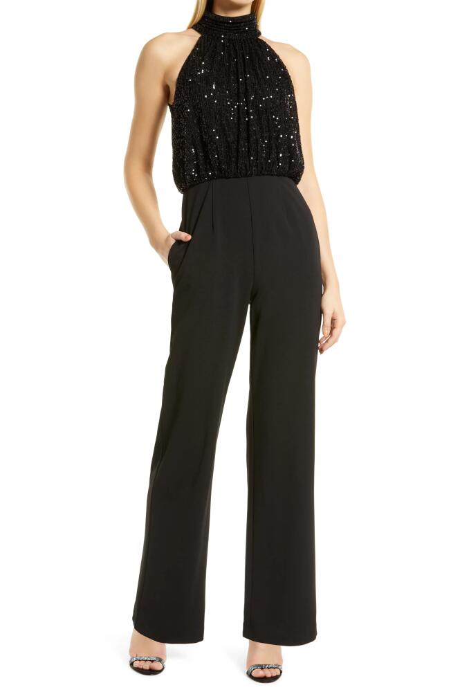 Eliza J Sequin Bodice Halter Neck Jumpsuit in Black Cover