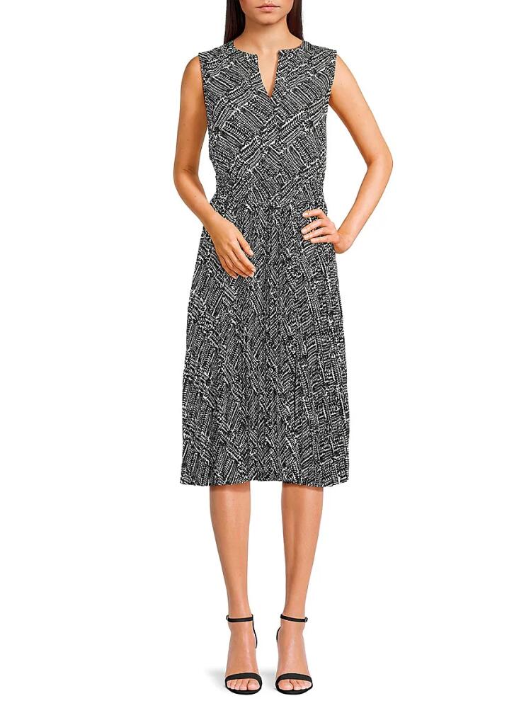 T Tahari Women's Split V Neck Print Midi Dress - Black White Cover