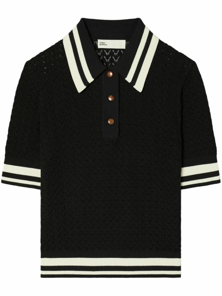 Tory Burch cotton-pointelle polo top - Black Cover