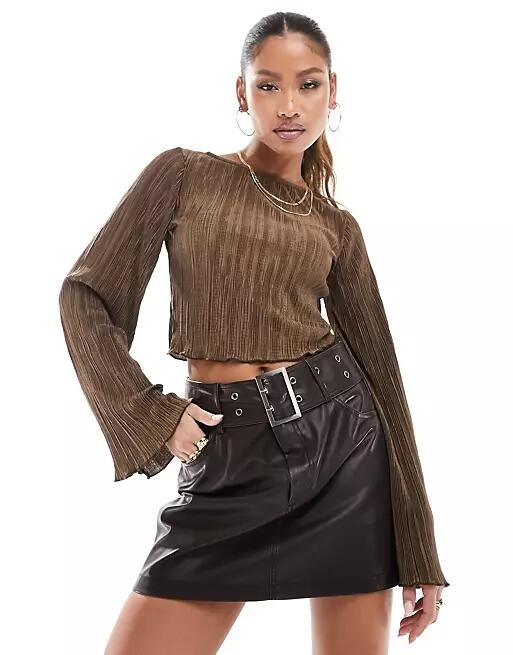 NA-KD slash neck flute sleeve plisse top in brown Cover