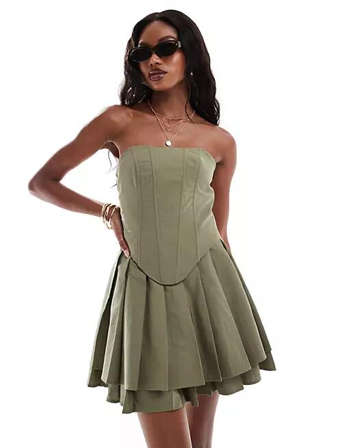 Extro & Vert bandeau pleated mini dress in khaki-Green Cover