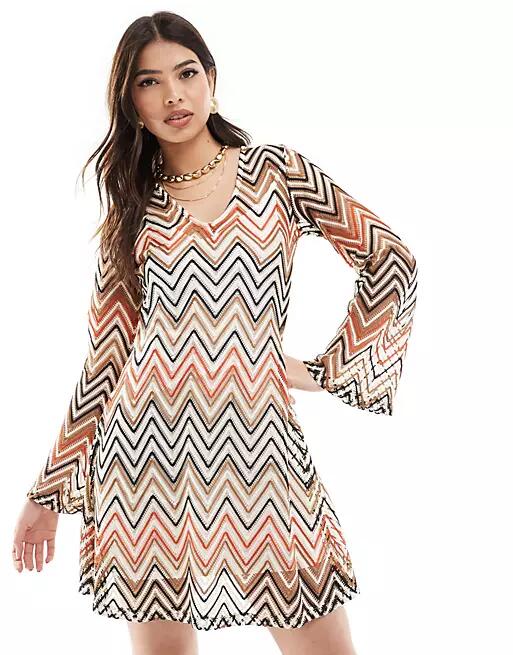 French Connection knit shift mini dress in zig zag print-Multi Cover