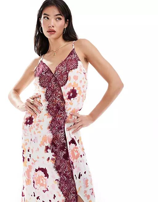 Y.A.S satin cami maxi dress with lace detail in abstract animal print-Multi Cover