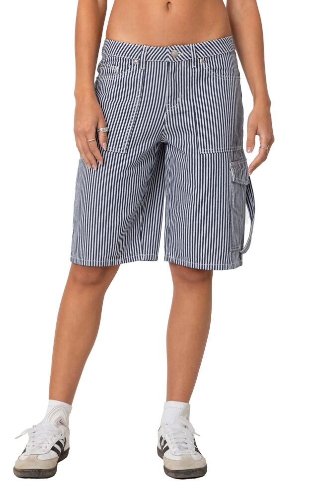 EDIKTED Friday Stripe Low Rise Cargo Shorts in Navy-And-White Cover