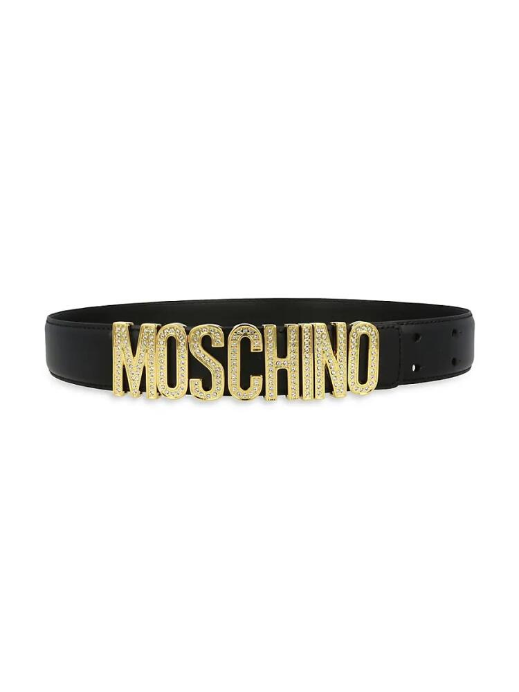 Moschino Women's Crystal Embellished Logo Leather Belt - Black Gold Cover