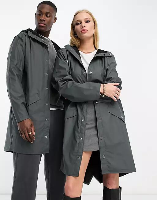 Rains 12020 unisex waterproof long jacket in slate-Gray Cover