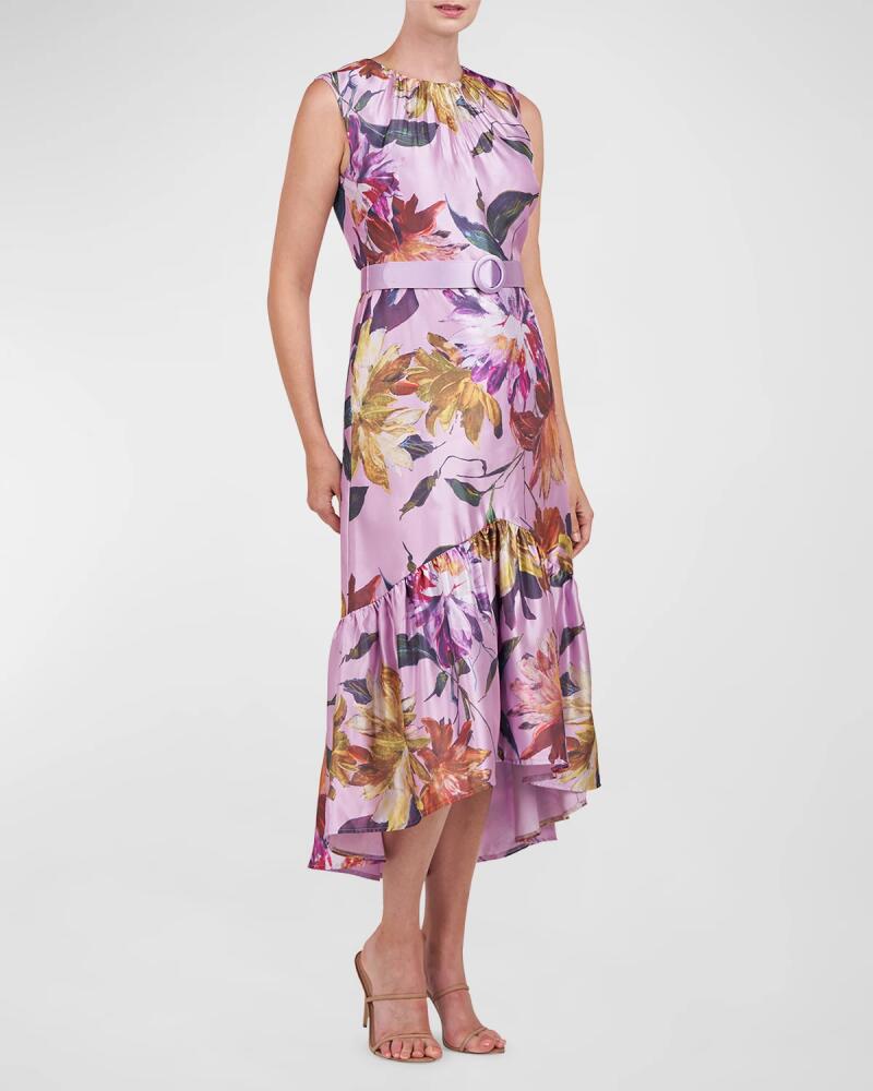 Kay Unger New York Beatrix Ruched Floral-Print High-Low Midi Dress Cover