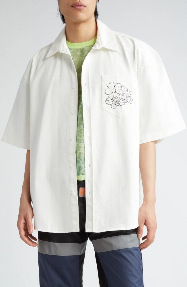 Martine Rose Gender Inclusive Flower Logo Short Sleeve Cotton Overshirt in Off White/Festival Flower Cover