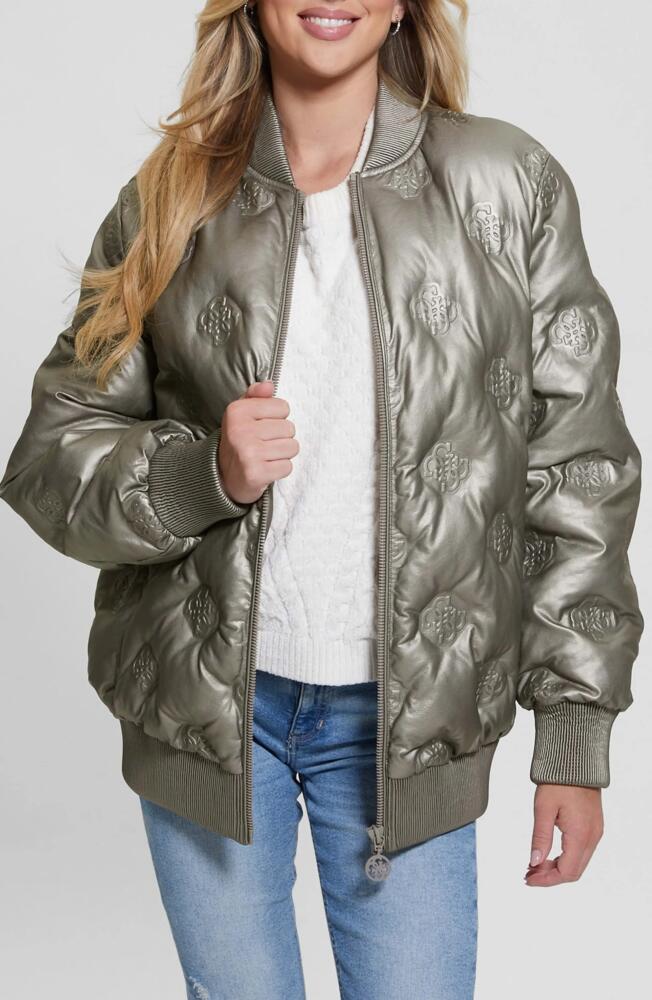 GUESS Marianne Peony Metallic Faux Leather Quilted Bomber in Metallic Bronze Logo Cover