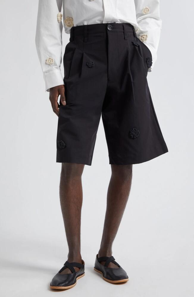 SONG FOR THE MUTE Floral Appliqué Tailored Shorts in Black Cover