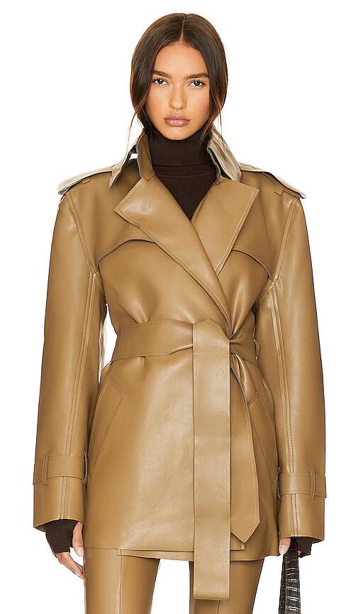 Norma Kamali Double Breasted Trench Mini in Tan Cover