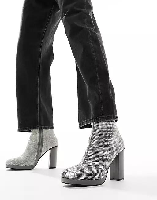 ASOS DESIGN heeled boots in silver diamante studding Cover