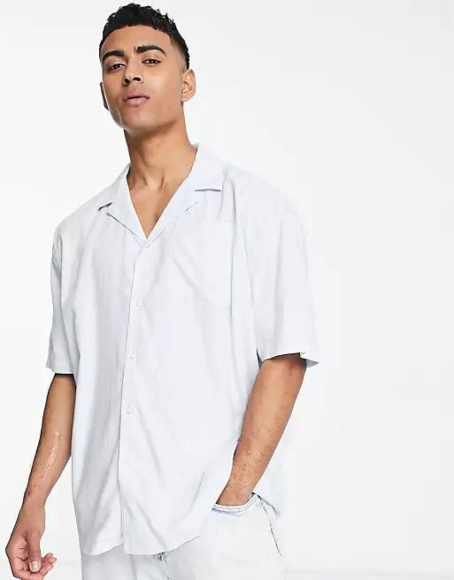 New Look oversized short sleeve linen mix shirt in light blue-Brown Cover