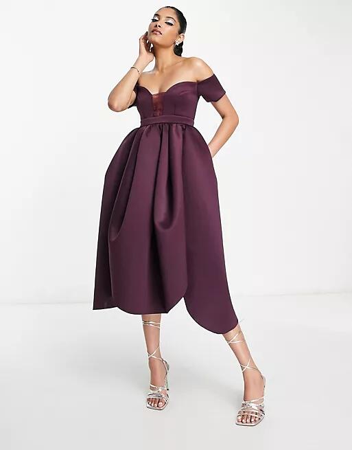 ASOS DESIGN off shoulder mesh insert cocoon midi prom dress in aubergine-Multi Cover