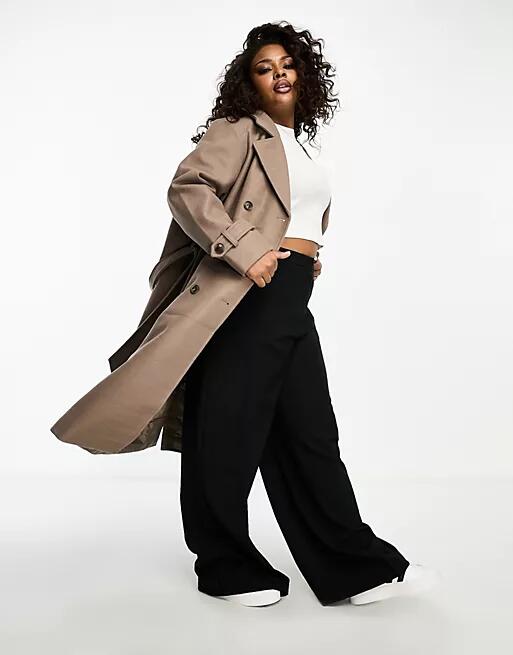 Vero Moda Curve double breasted formal trench coat in brown Cover