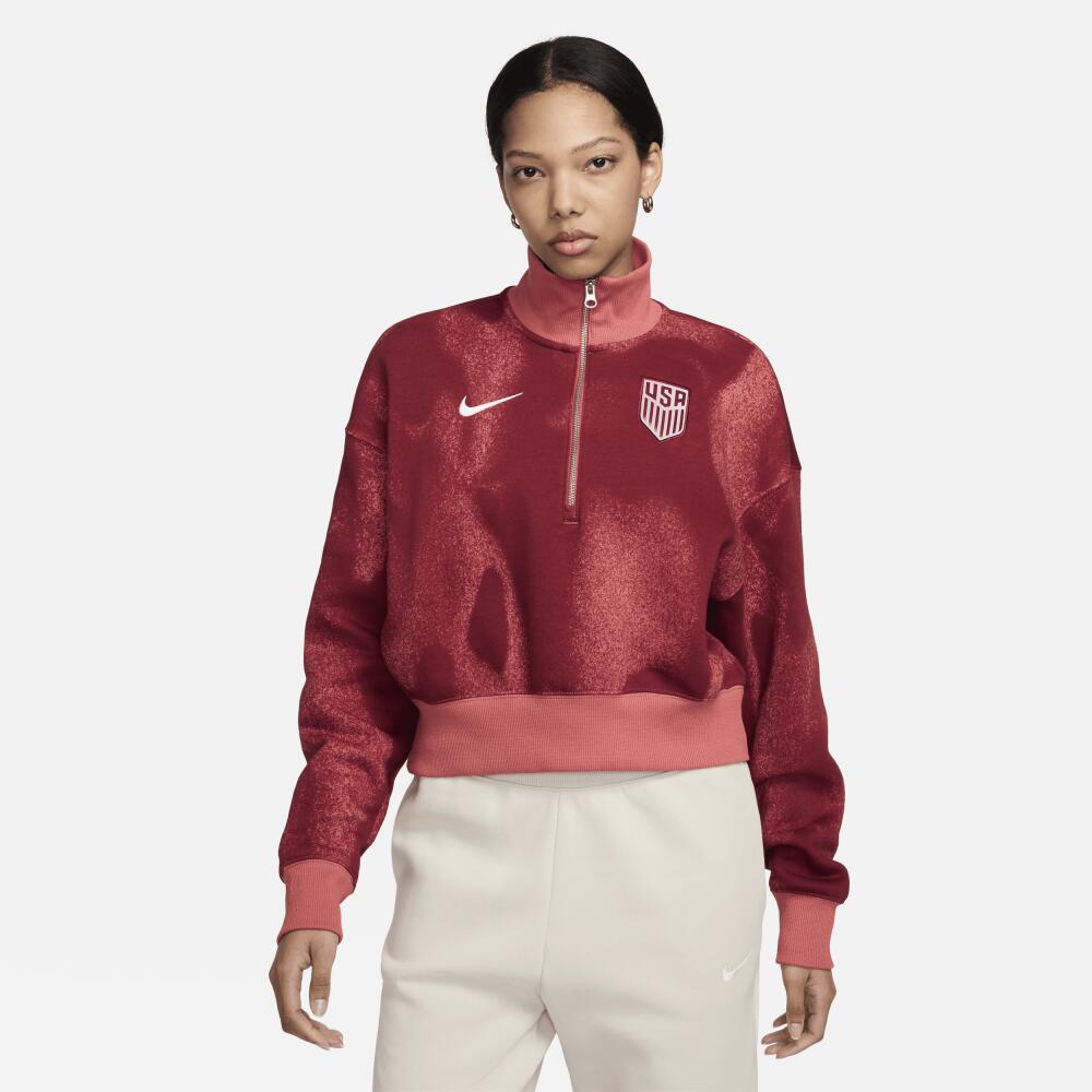 USMNT Phoenix Fleece Nike Women's Soccer Oversized 1/2-Zip Crop Sweatshirt in Red Cover