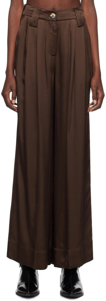 GANNI Brown Washed Satin Flared Trousers Cover