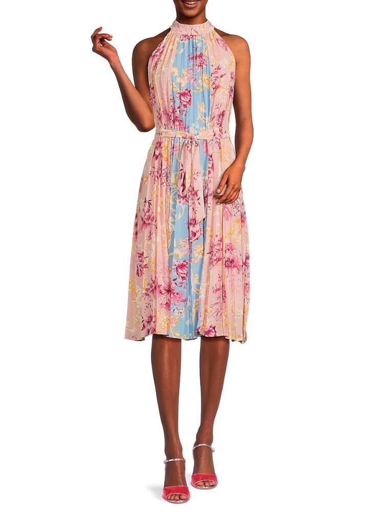 T Tahari Women's Print Belted Midi Dress - Versailles Pink Cover