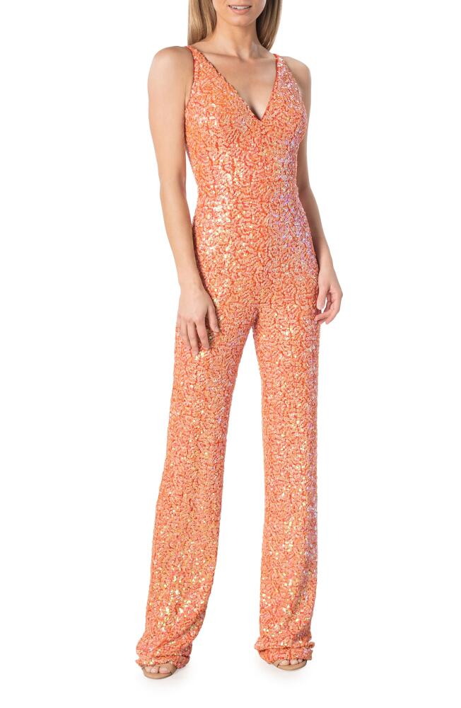 Dress the Population Charlie Sequin Jumpsuit in Apricot Multi Cover