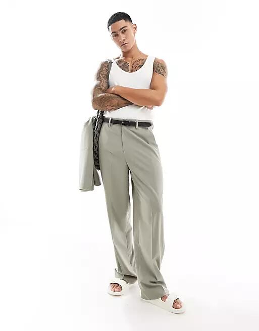 ASOS DESIGN wide leg pants in khaki - part of a set-Green Cover