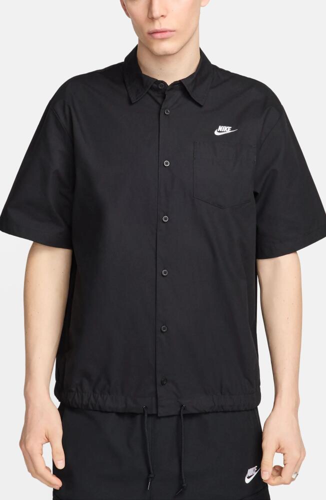 Nike Club Venice Short Sleeve Drawstring Hem Cotton Button-Up Shirt in Black/White Cover