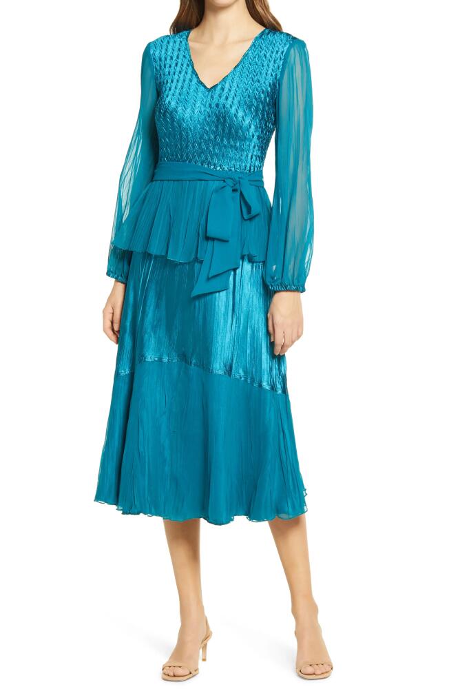 Komarov Long Sleeve Charmeuse & Chiffon A-Line Dress in Peacock Cover