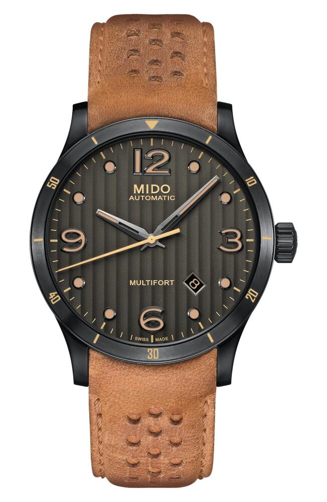 MIDO Multifort Automatic Leather Strap Watch, 42mm in Tan/Grey/Gunmetal Cover