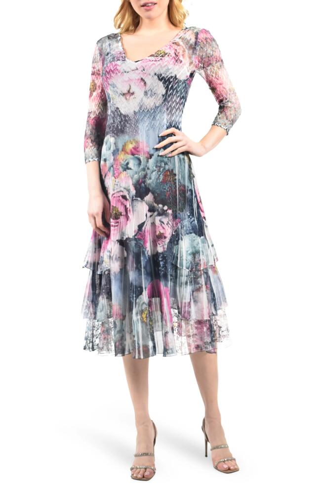 Komarov Floral Charmeuse & Chiffon Cocktail Midi Dress in Rapture Rose Cover