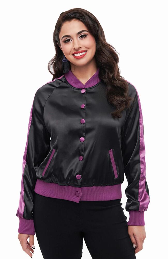 Unique Vintage Satin Bomber Jacket in Black & Purple Cover