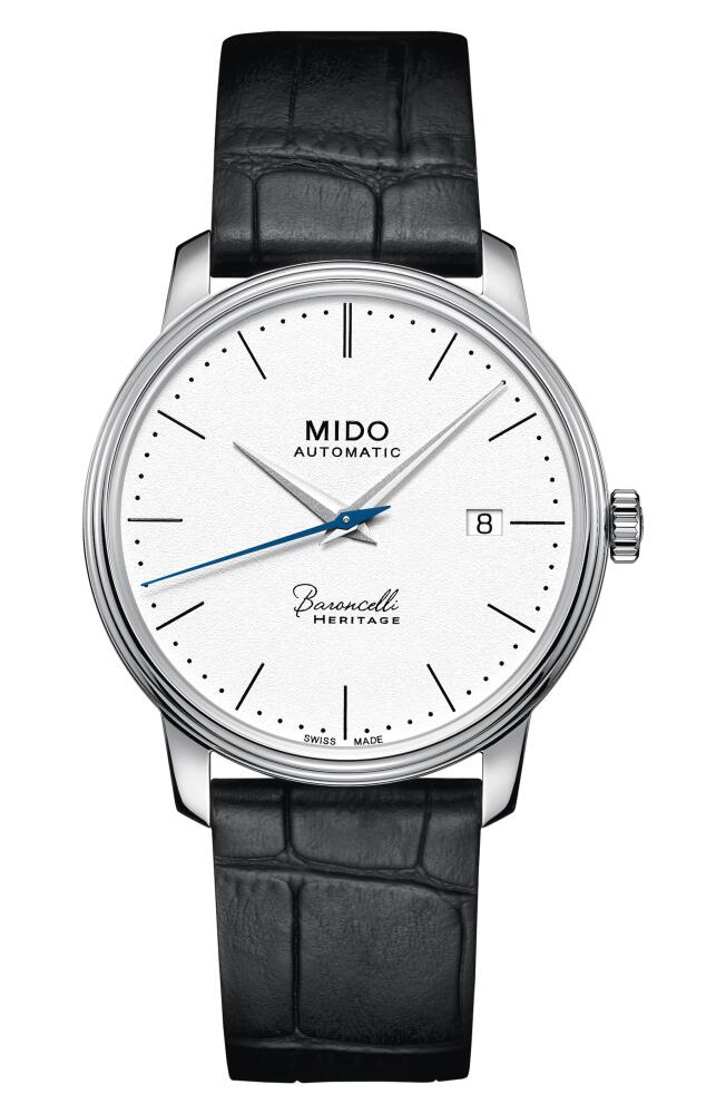 MIDO Baroncelli Heritage Automatic Leather Strap Watch, 39mm in Black/White/Silver Cover