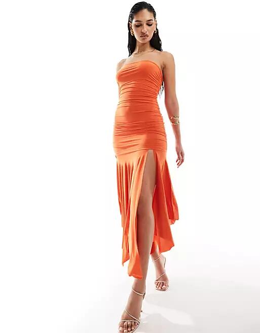 Kaiia slinky bandeau ruched dropped waist handkerchief hem maxi dress in orange Cover