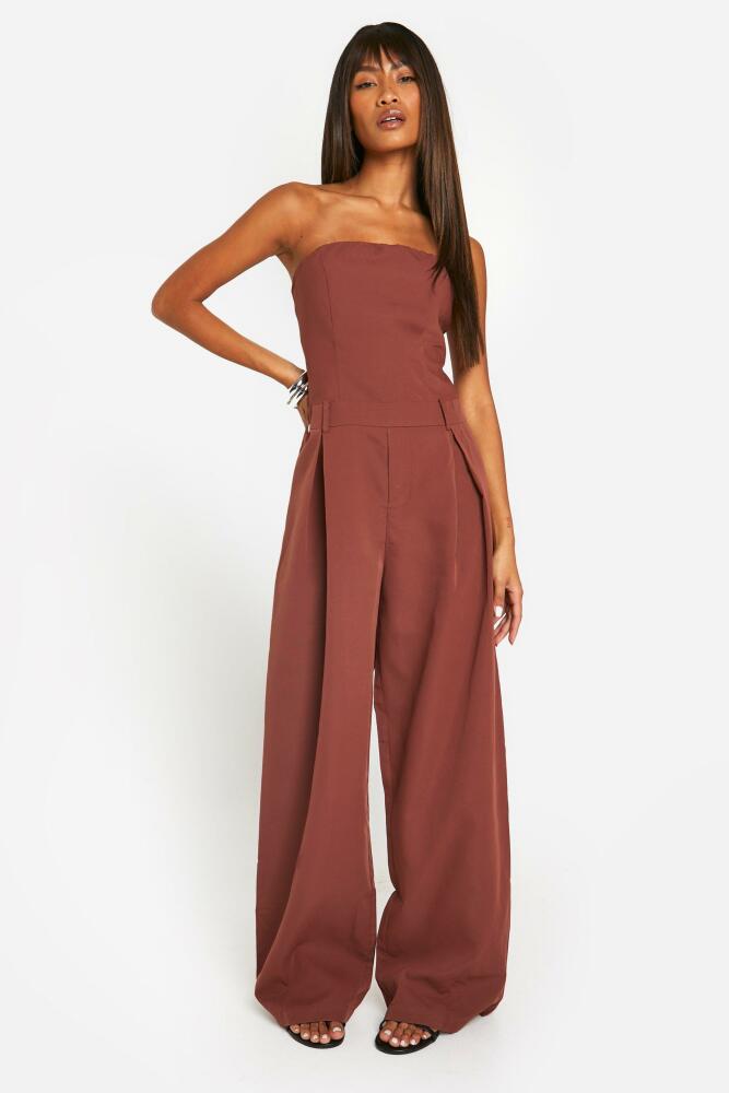 boohoo Womens Bandeau Tailored Wide Leg Jumpsuit - Brown Cover