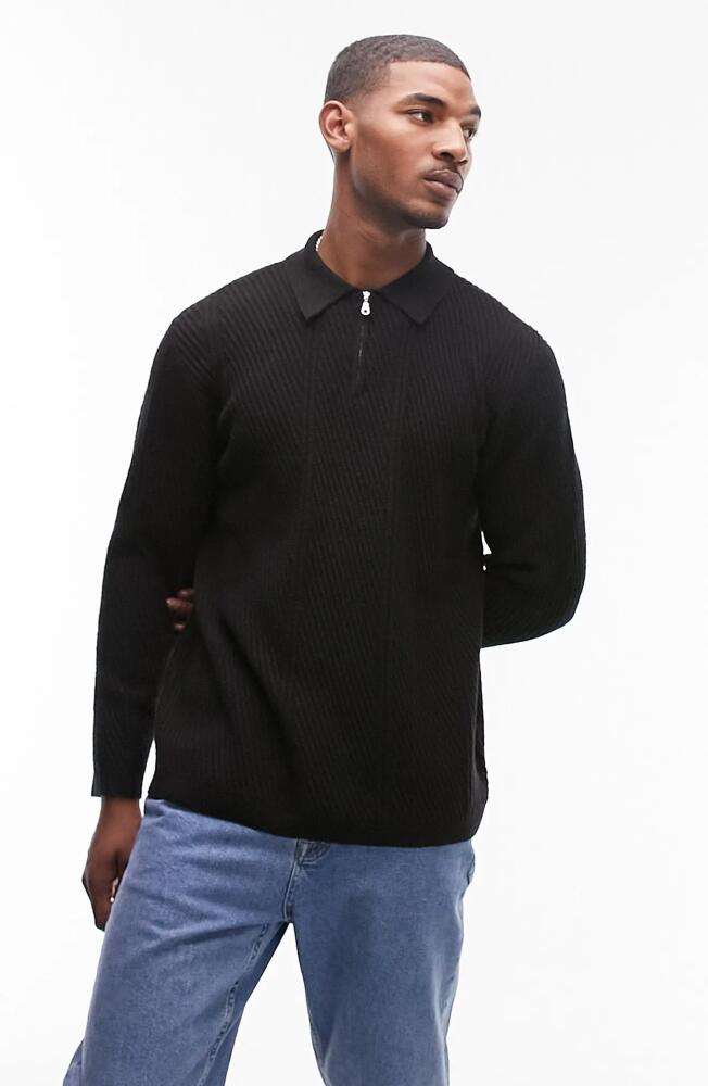 Topman Textured Zip Polo Sweater in Black Cover