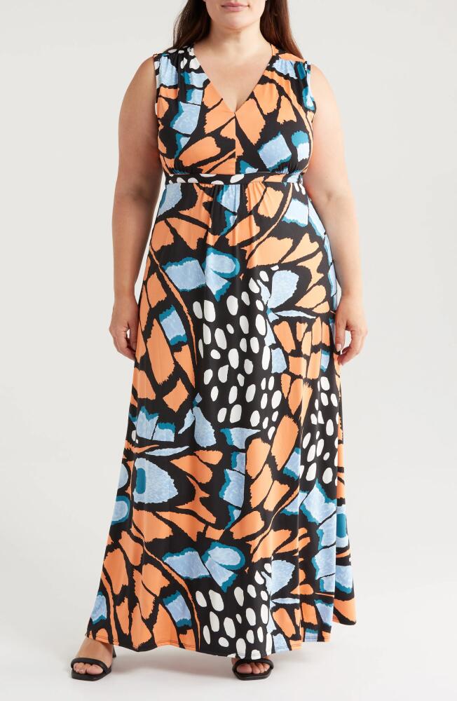 24seven Comfort Apparel Butterfly Print V-Neck Maxi Dress in Orange Multi Cover