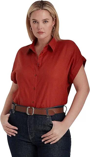 Lauren Ralph Lauren Plus Size Linen Dolman-Sleeve Shirt (Red Sunstone) Women's Clothing Cover