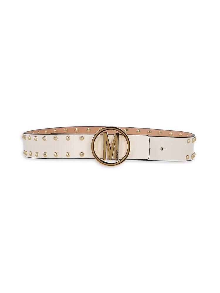 Moschino Women's Studded Logo Leather Slim Belt - Ivory Cover