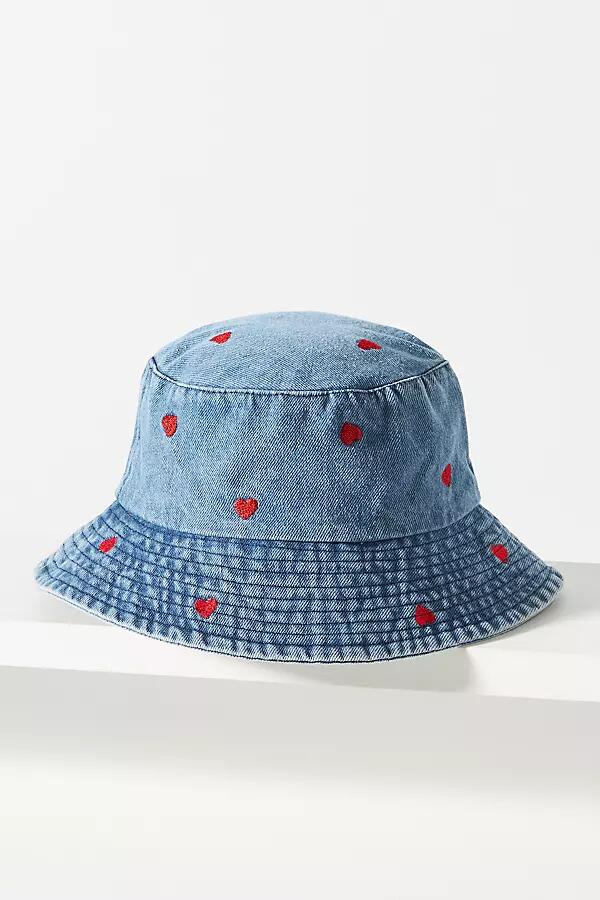 By Anthropologie Embroidered Heart Denim Bucket Hat Cover