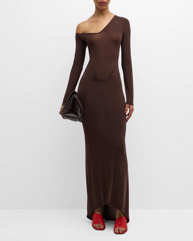 LaQuan Smith Convertible-Neck Long-Sleeve Drop-Waist Gown Cover