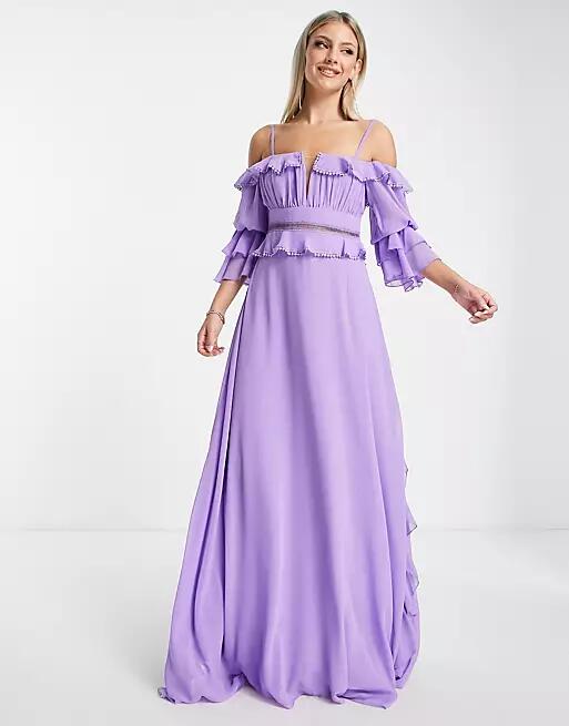 Trendyol ruffle bandeau sleeve dress in purple-Pink Cover