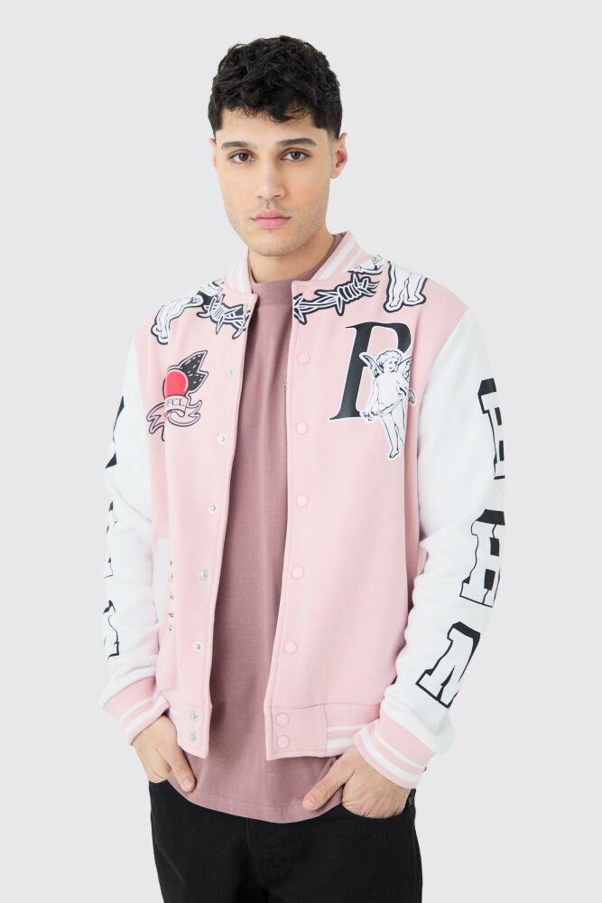 boohoo Mens Oversized Limited Jersey Knit Varsity Jacket - Pink Cover