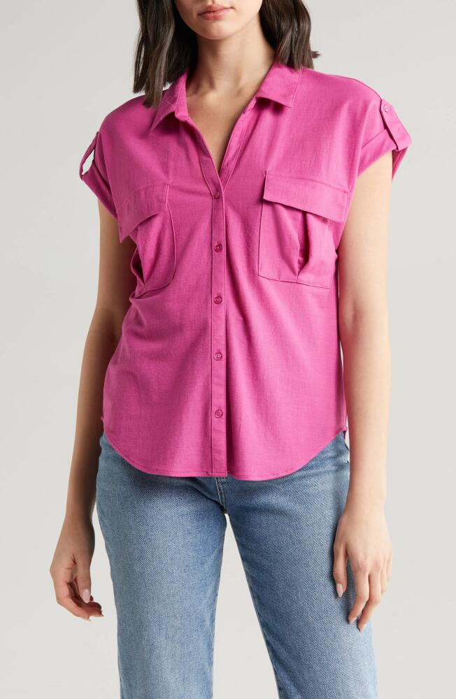 Bobeau Utility Short Sleeve Button-Up Shirt in Fuchsia Cover