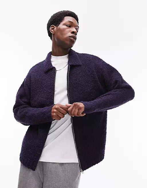 Topman knitted boucle with alpaca zip through cardigan in navy Cover