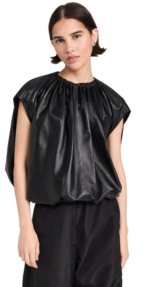 Tibi Feather Weight Leather Shirred Neck Circular Top Black Cover