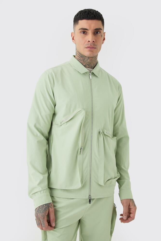 Mens Tall Technical Stretch Harrington Asymmetrical Jacket - Green Cover