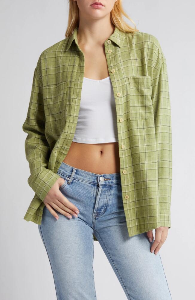 BP. Plaid Oversize Cotton Flannel Button-Up Shirt in Olive Tonal Plaid Cover