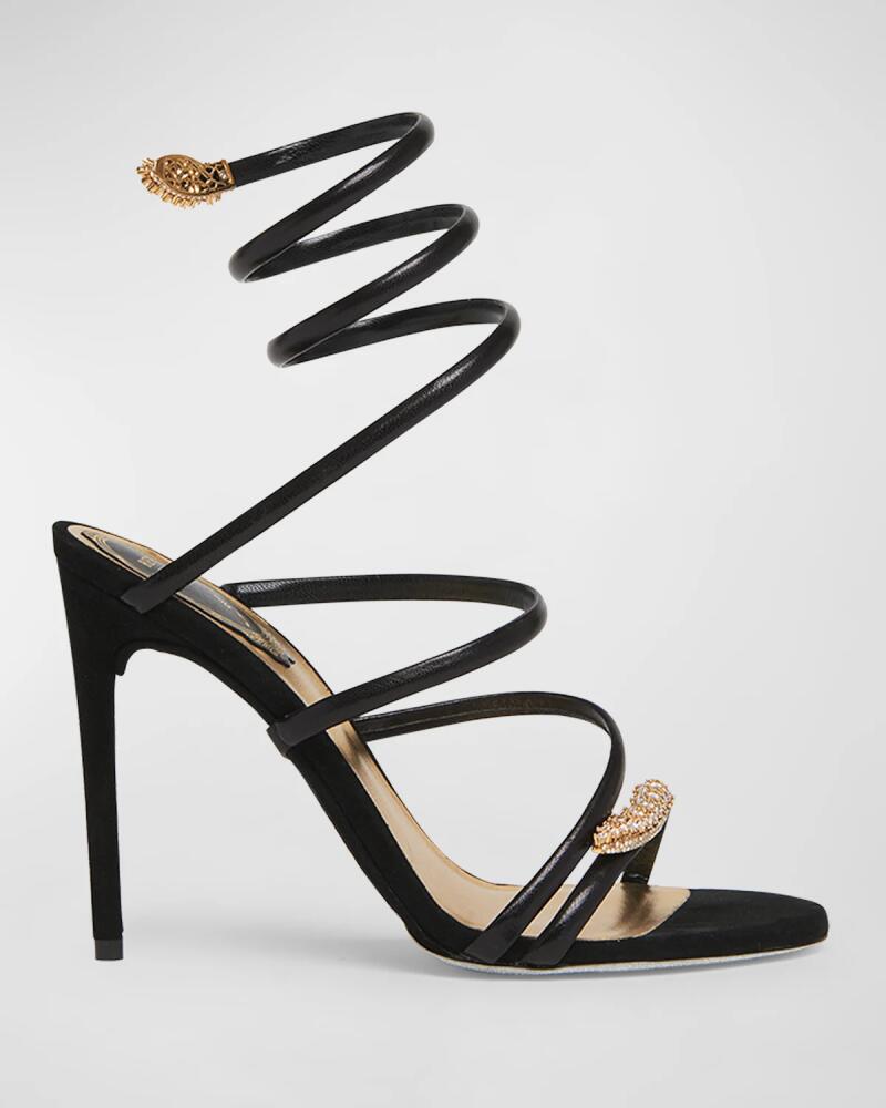 Rene Caovilla Serpente Leather Crystal Ankle-Wrap Sandals Cover