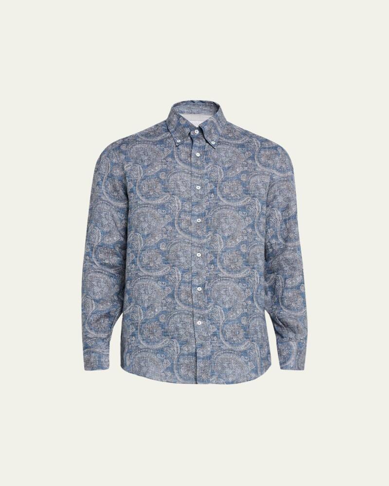 Brunello Cucinelli Men's Linen Paisley-Print Sport Shirt Cover