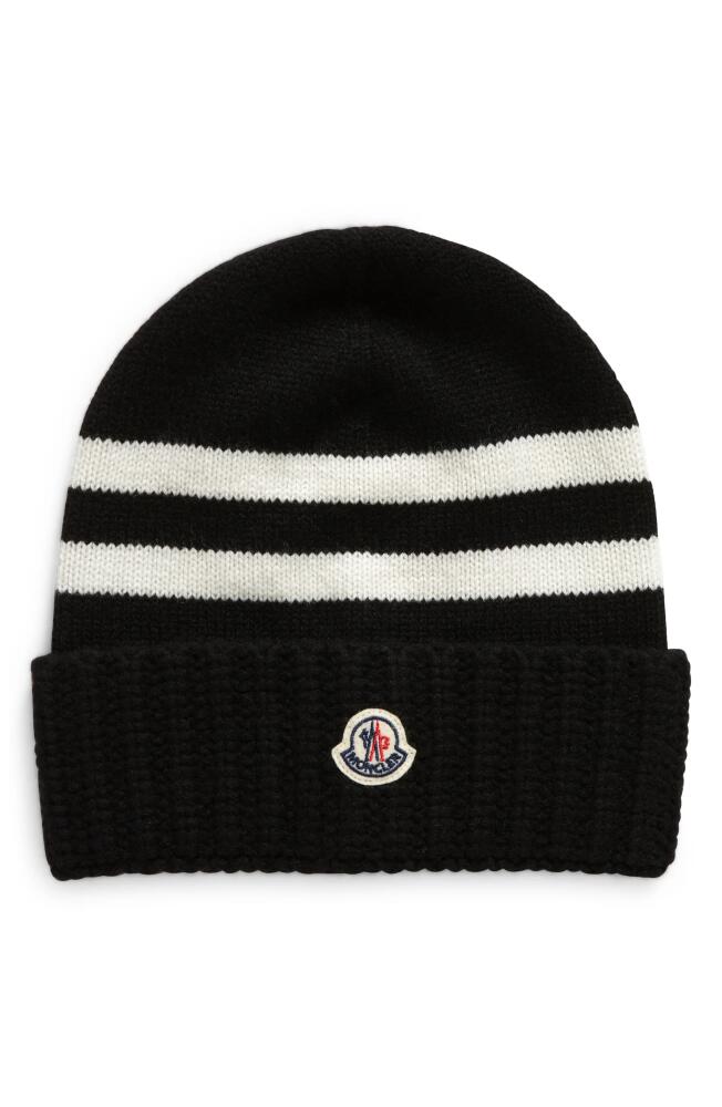 Moncler Arch Classic Stripe Cuff Virgin Wool & Cashmere Beanie in Black Cover