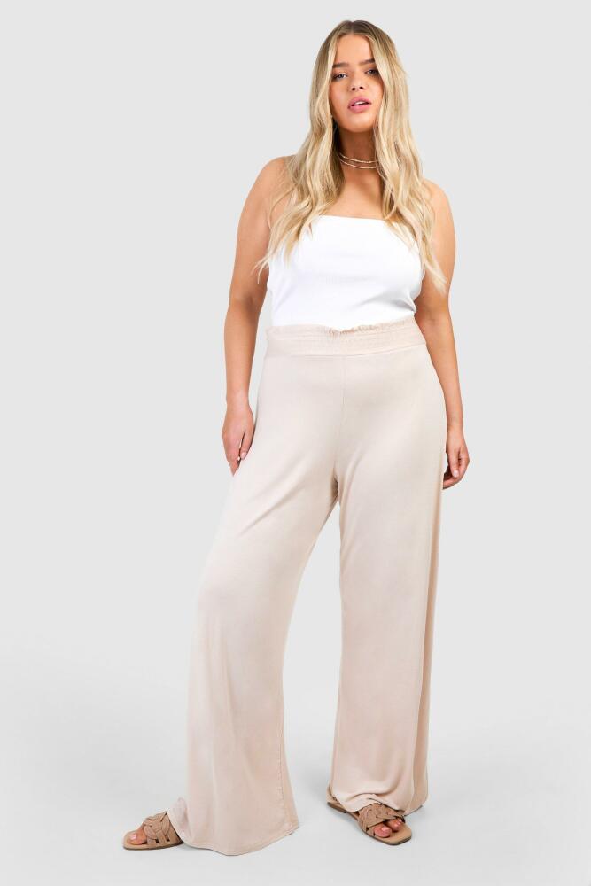 boohoo Womens Plus Shirred Waist Wide Leg Pants - Beige Cover