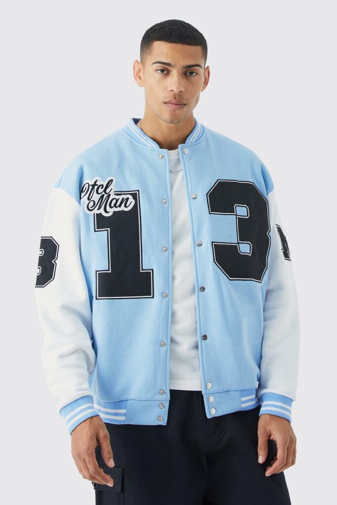 boohoo Mens Oversized Badge Jersey Knit Varsity Bomber Jacket - Blue Cover